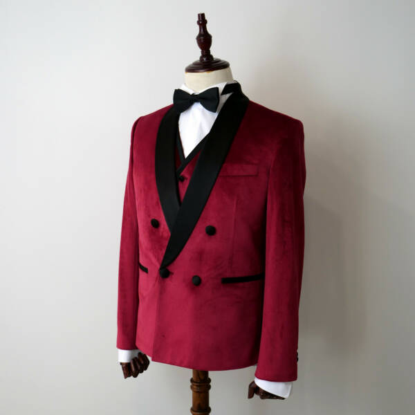 Costume croisé velours bordeaux 3 pièces